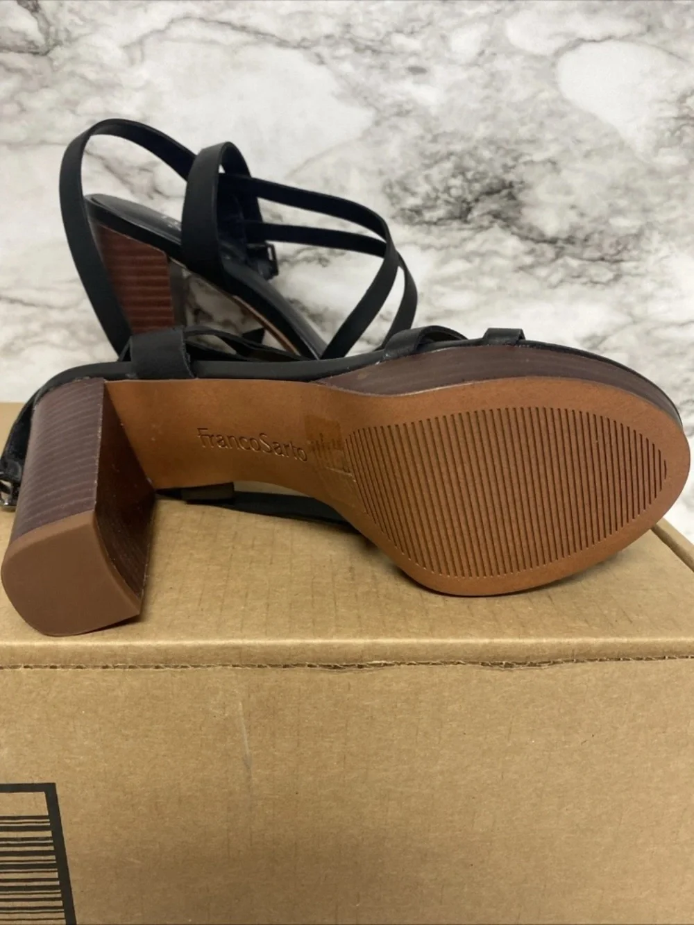 Franco Sarto Black Leather Strappy Heel Sandals